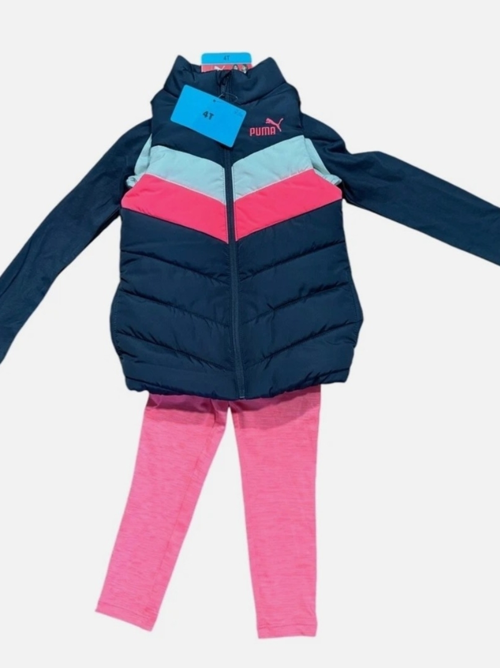 Puma Girls 3 Piece Navy & Pink Chevron Puffer Vest Set